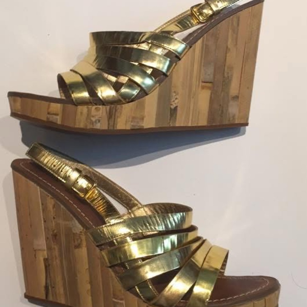Miu Miu Gold metallic and bamboo Wedge Sandals